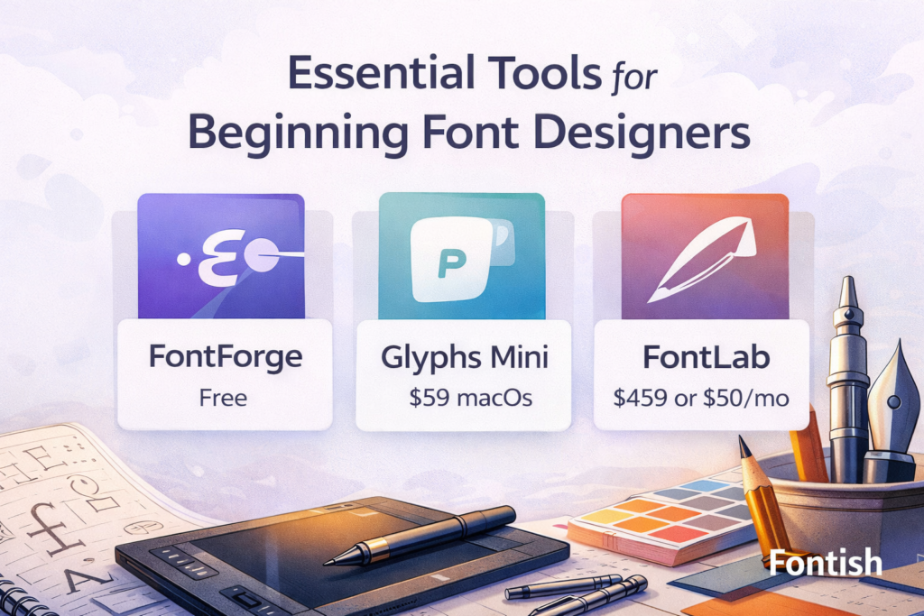 Essential tools for beginner font designers including FontForge, Glyphs Mini, and FontLab.