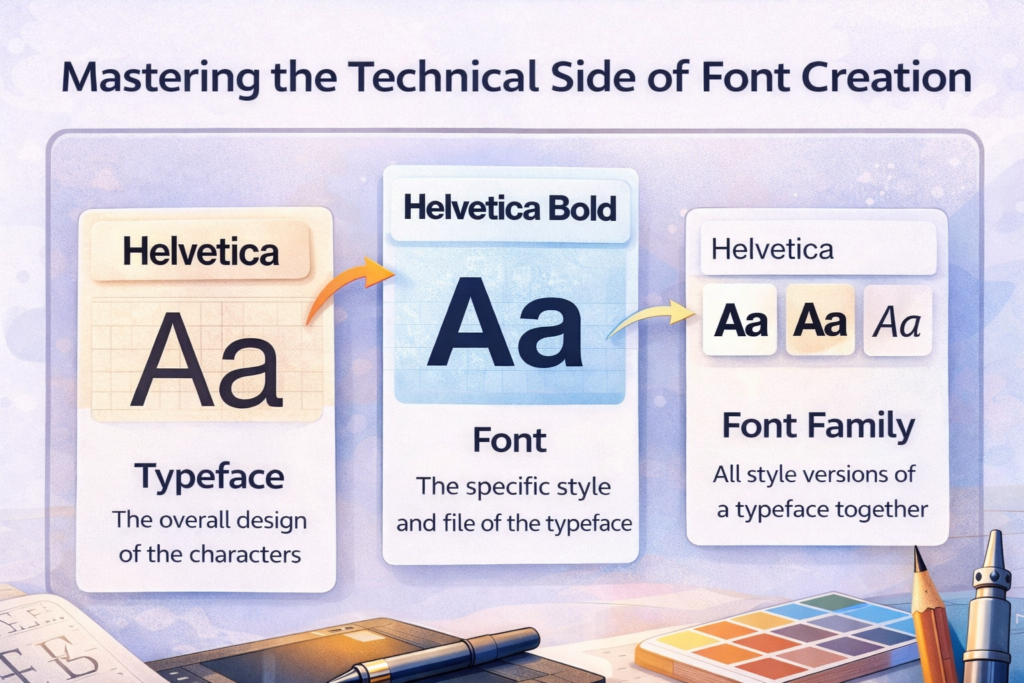 Diagram explaining the difference between typeface, font, and font family in typography.