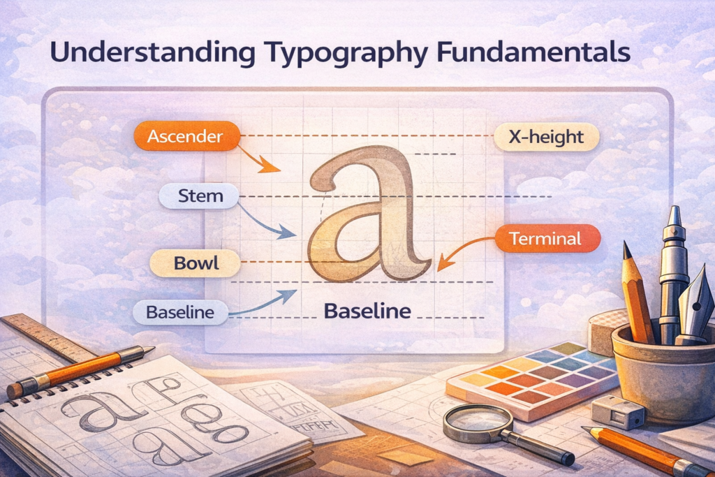 Typography fundamentals diagram showing parts of a letter including ascender, stem, bowl, baseline, terminal, and x-height.