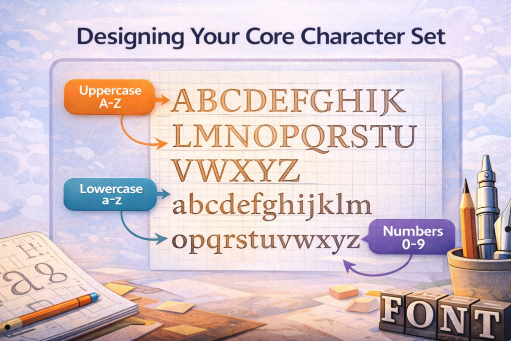 Core character set for font design including uppercase letters, lowercase letters, and numbers.