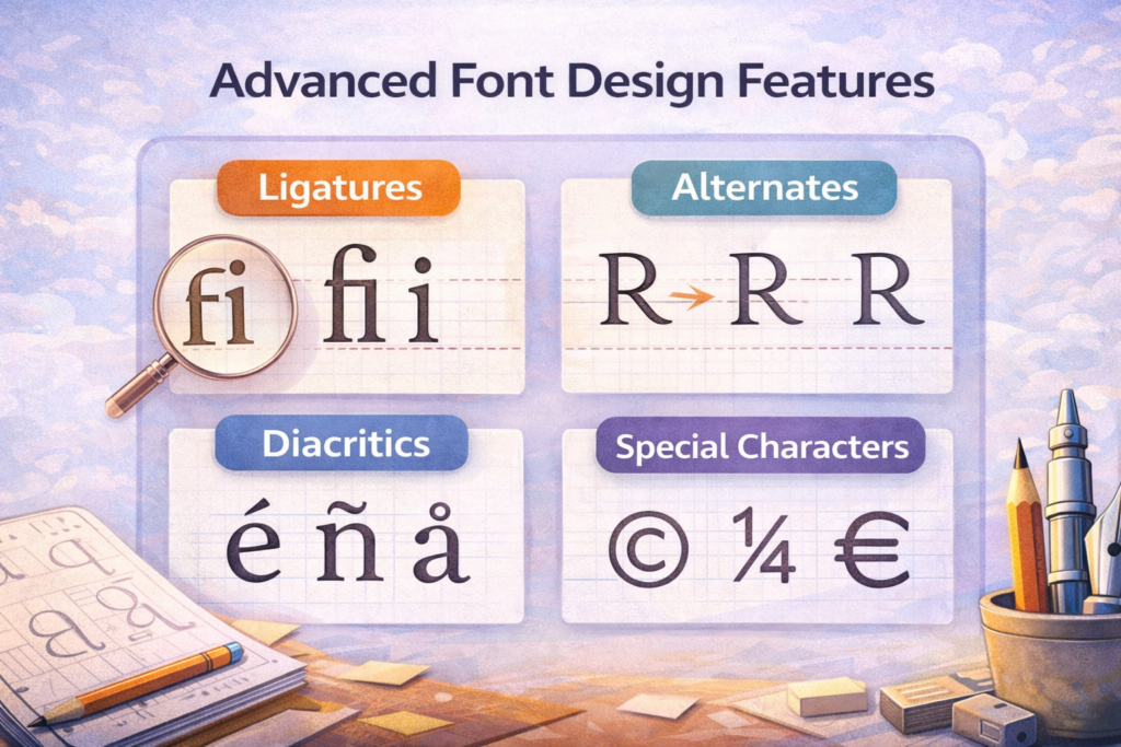 Advanced font design features including ligatures, alternates, diacritics, and special characters.
