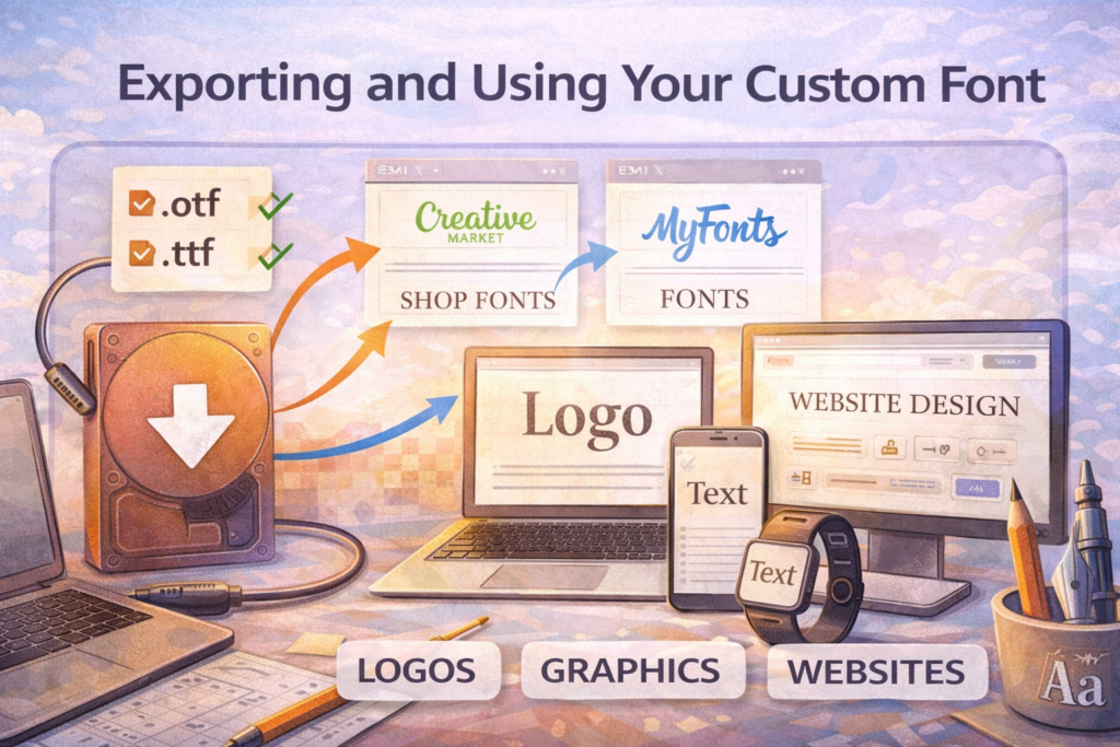 Exporting and using a custom font in logos, graphics, and website design.