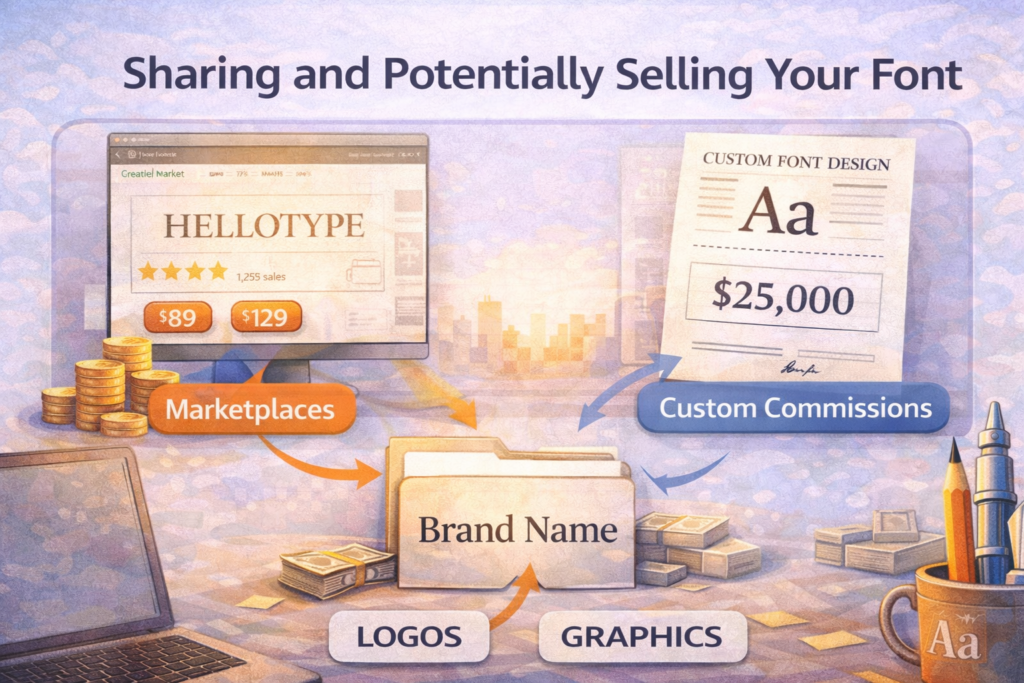 Ways to share and sell a custom font through marketplaces, brand use, and client commissions.
