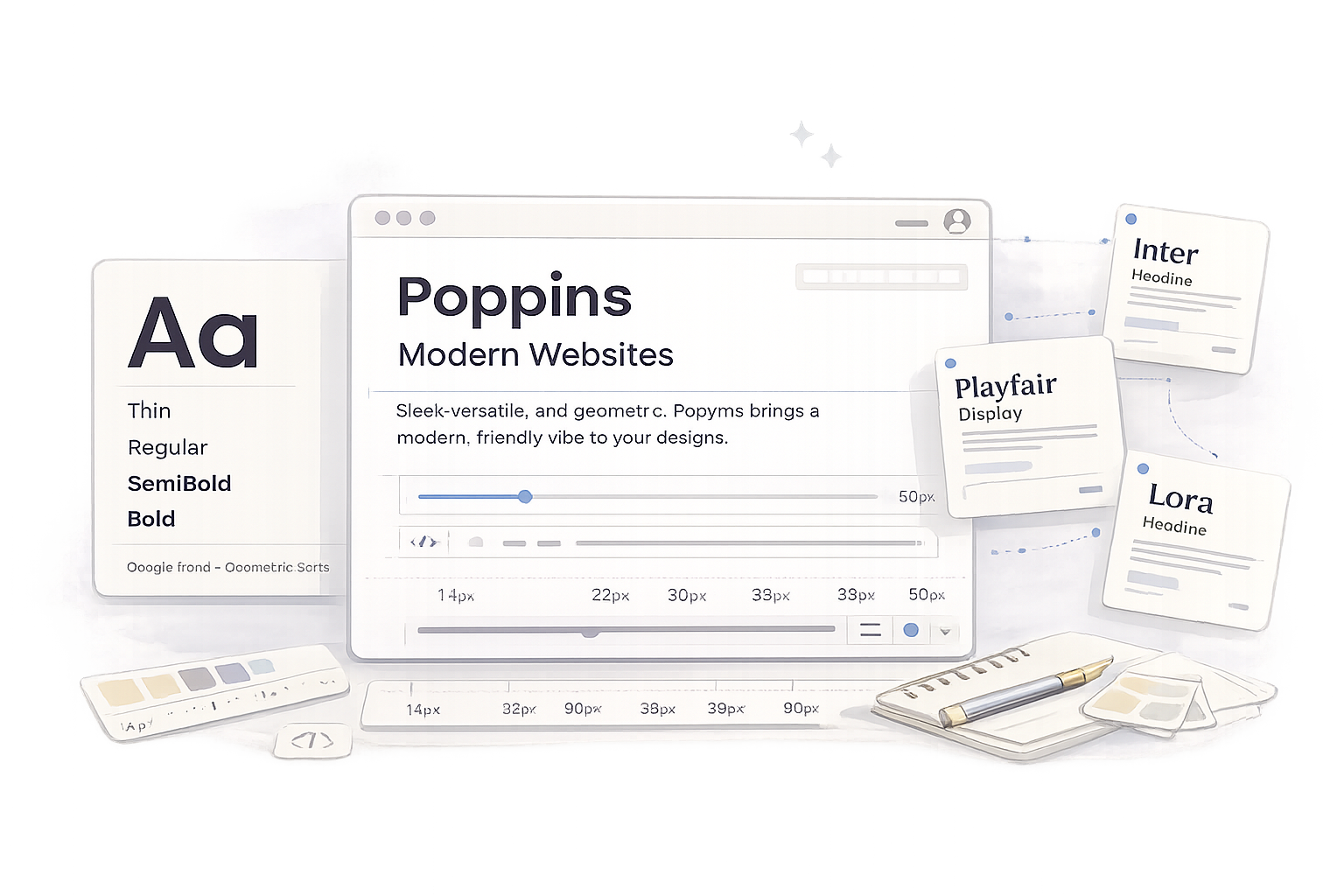 Modern Poppins font review illustration with typography workspace