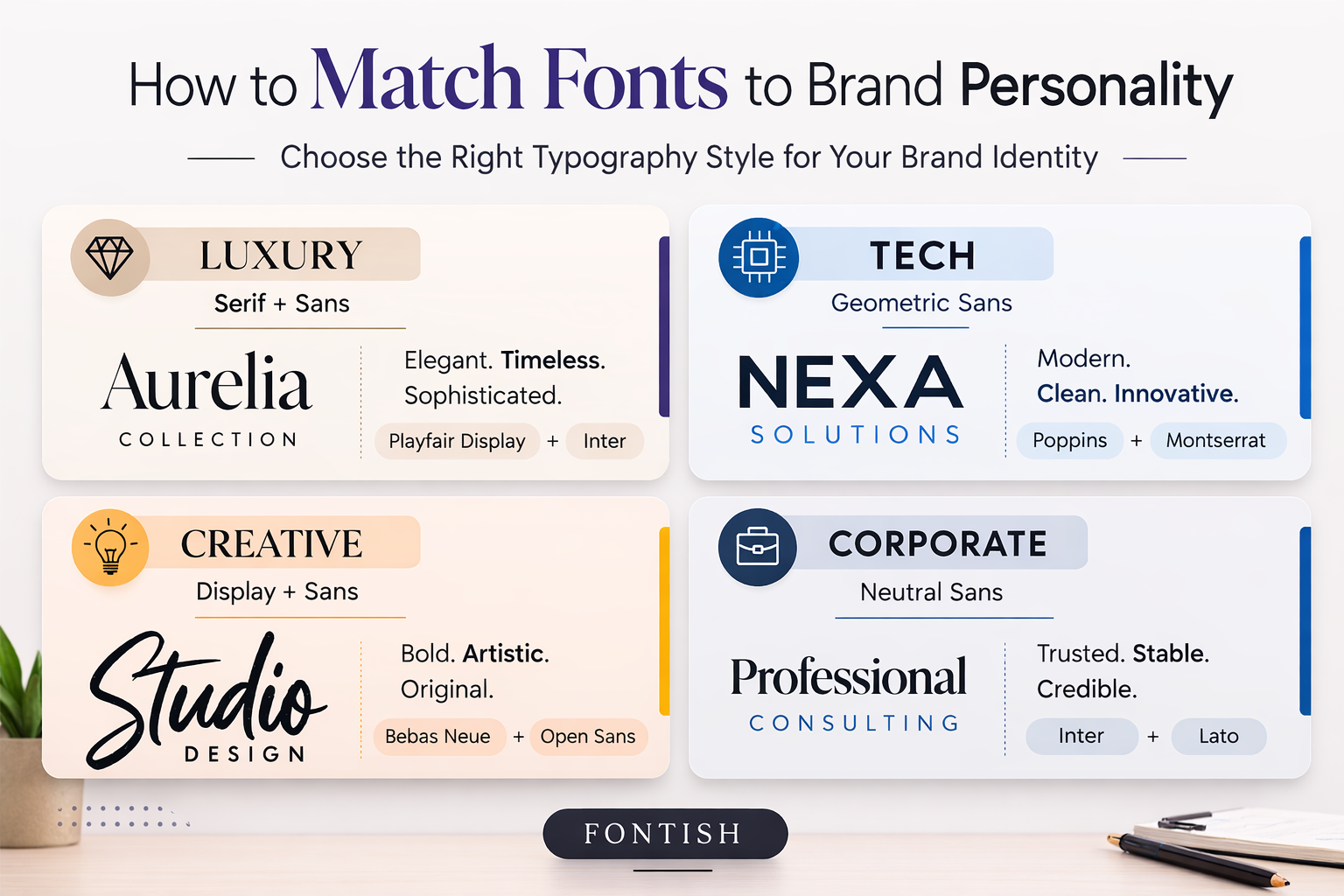 Brand personality typography grid matching brand traits like modern, luxury, friendly, and corporate with appropriate font styles