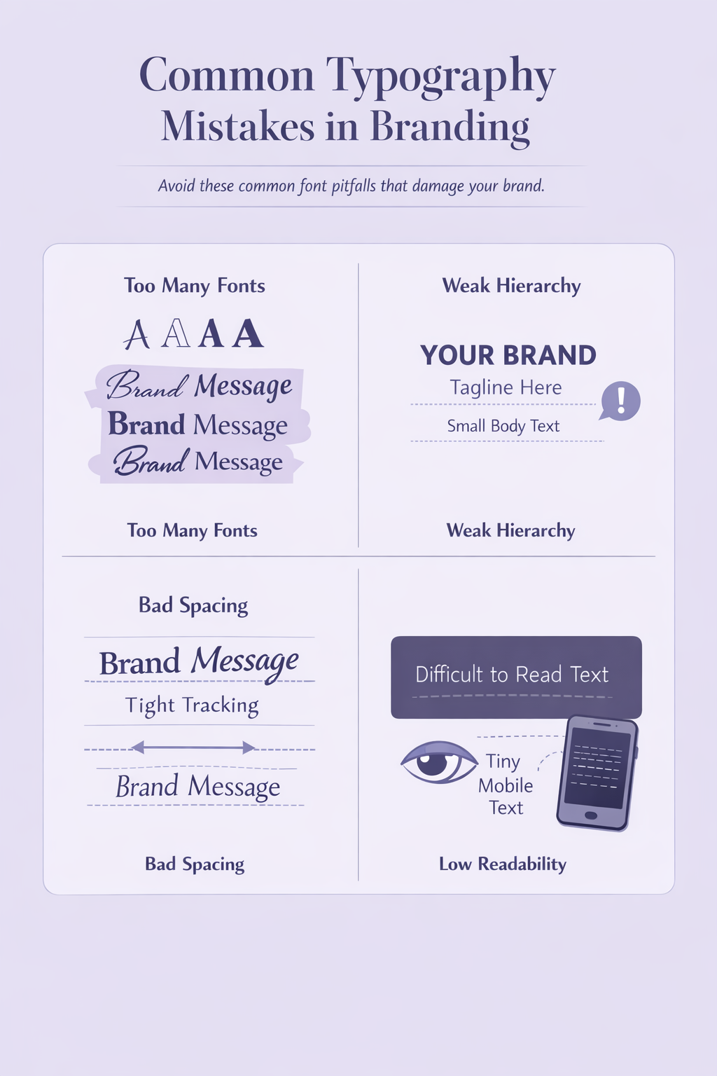 Typography mistakes infographic showing common branding errors like too many fonts, weak hierarchy, poor spacing, and low readability