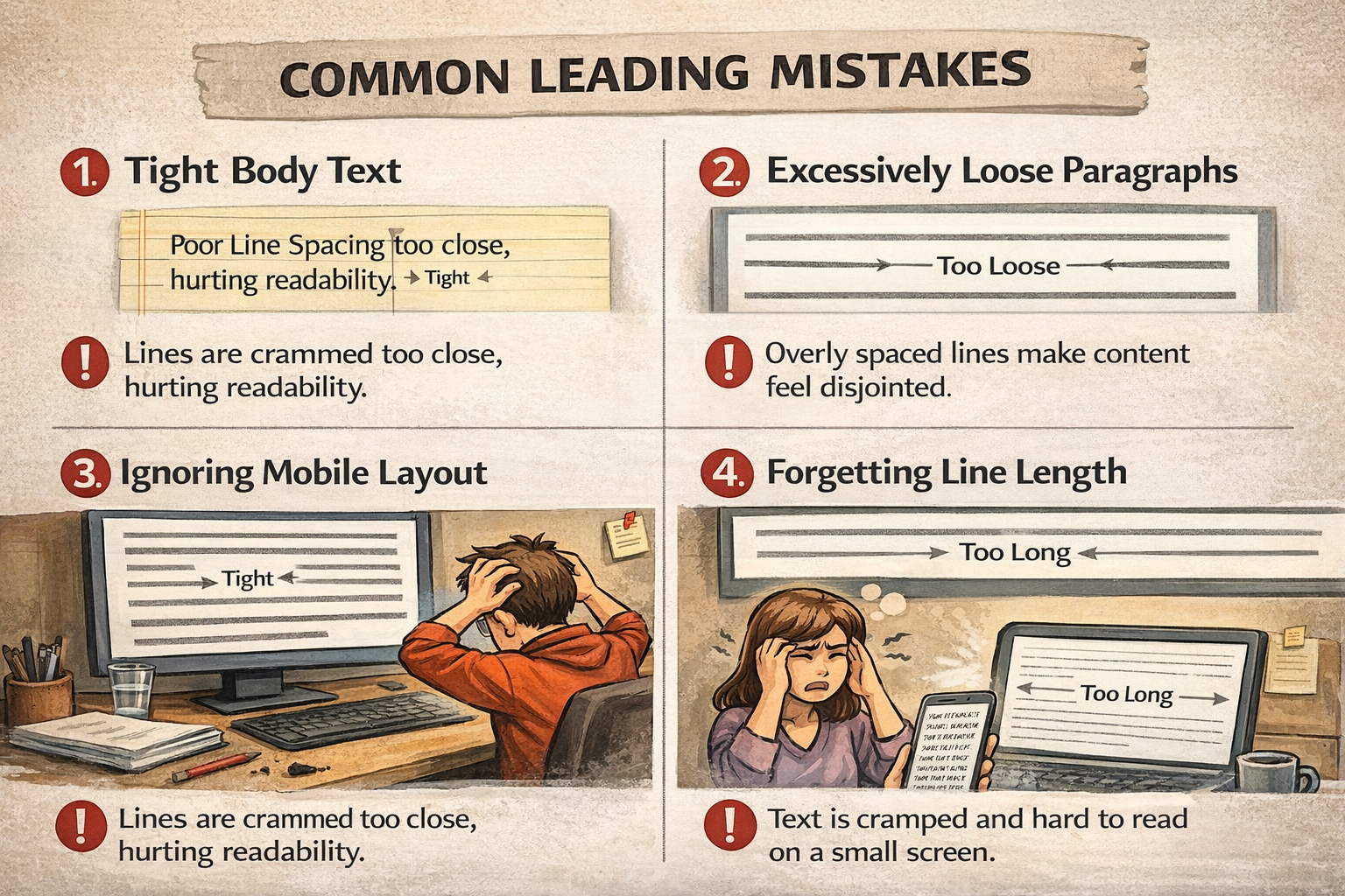 Leading mistakes comparison showing tight text, loose spacing, poor mobile layout, and improper line length vs correct typography spacing