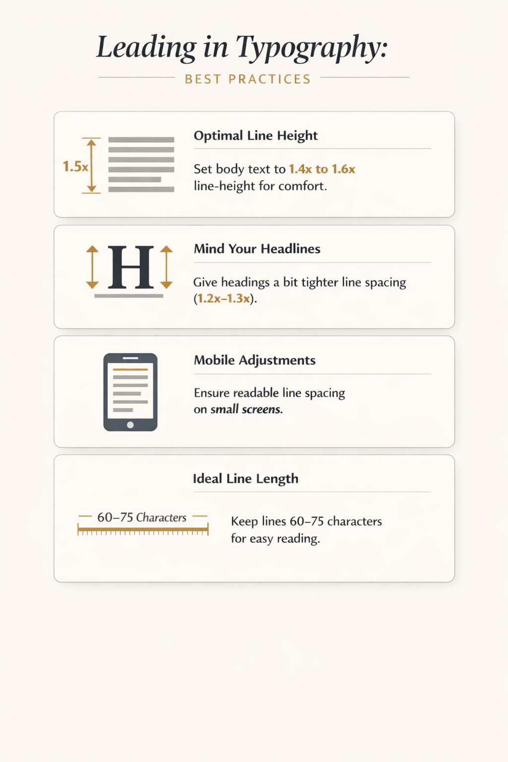 Typography leading tips infographic showing best practices for line spacing, readability, mobile optimization, and line length