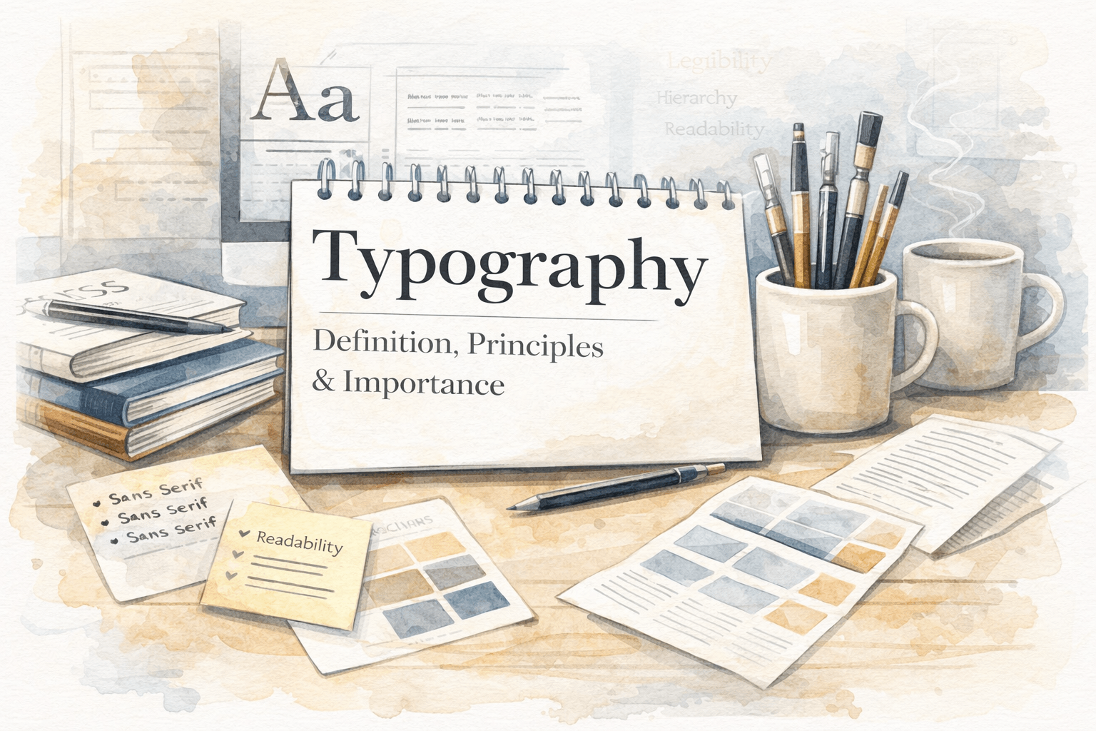 Typography definition illustration showing workspace with serif and sans serif examples