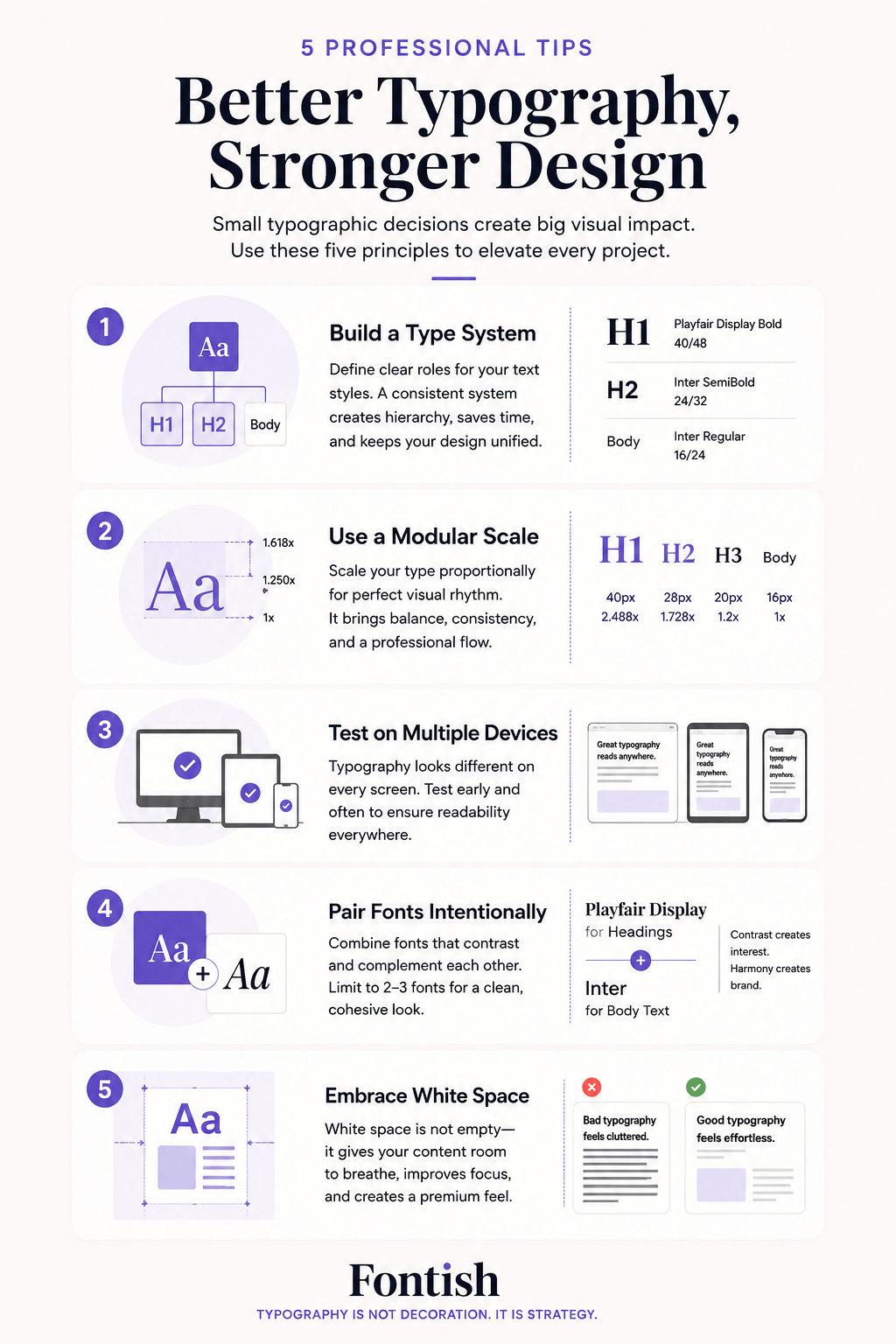 Typography infographic featuring five professional tips for creating clear, readable, and consistent designs.