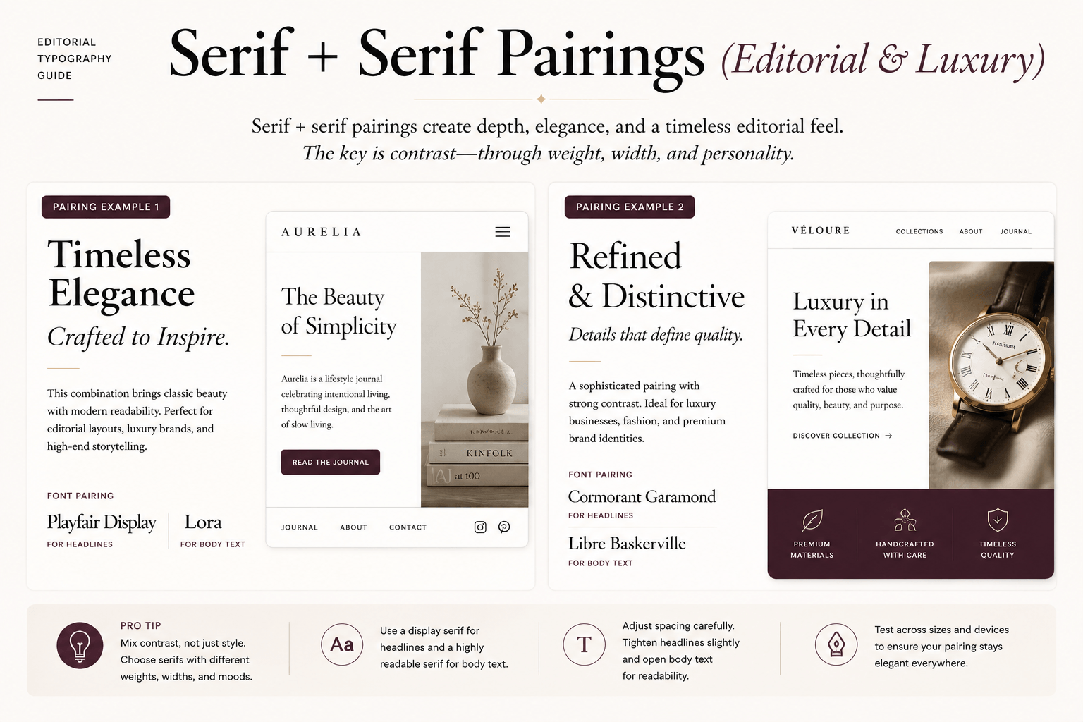 Editorial serif font pairing examples showing luxury typography combinations with Playfair Display, Cormorant Garamond, Lora, and Libre Baskerville for premium branding and magazine-style layouts.