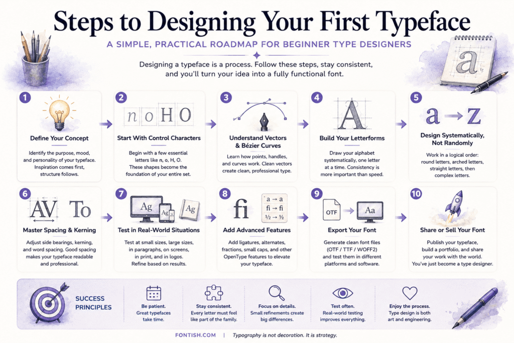 Infographic showing the 10 essential steps to designing your first typeface, from concept development and sketching to testing, exporting, and publishing a font