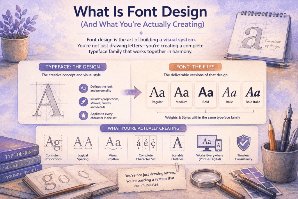 Infographic explaining what font design is by showing the relationship between a typeface, font files, and the complete typeface system