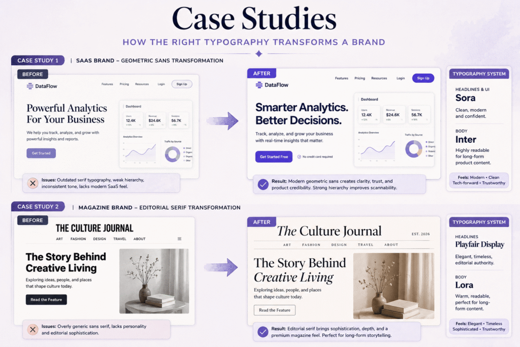 Before-and-after brand typography case studies comparing a geometric sans for SaaS branding and an editorial serif for magazine design