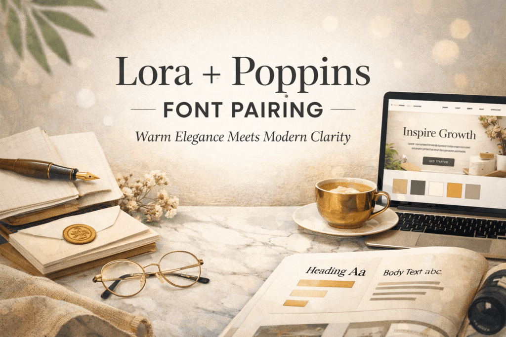 Lora + Poppins font pairing example showing serif and sans-serif contrast in modern branding design | Lora and Poppins Font